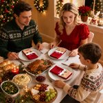 Tovagliolo rosso 100% cotone con foto personalizzata: simpatico cappellino da Babbo Natale e volto da cartone animato, con nome, decorazione da tavola, regalo di Natale per la famiglia e gli amici