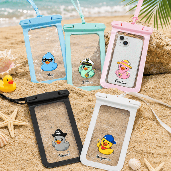 Personalized Cute Duck Waterproof Phone Bag with Name Outdoor Activities Use Beach Party Birthday Gift for Friend Family