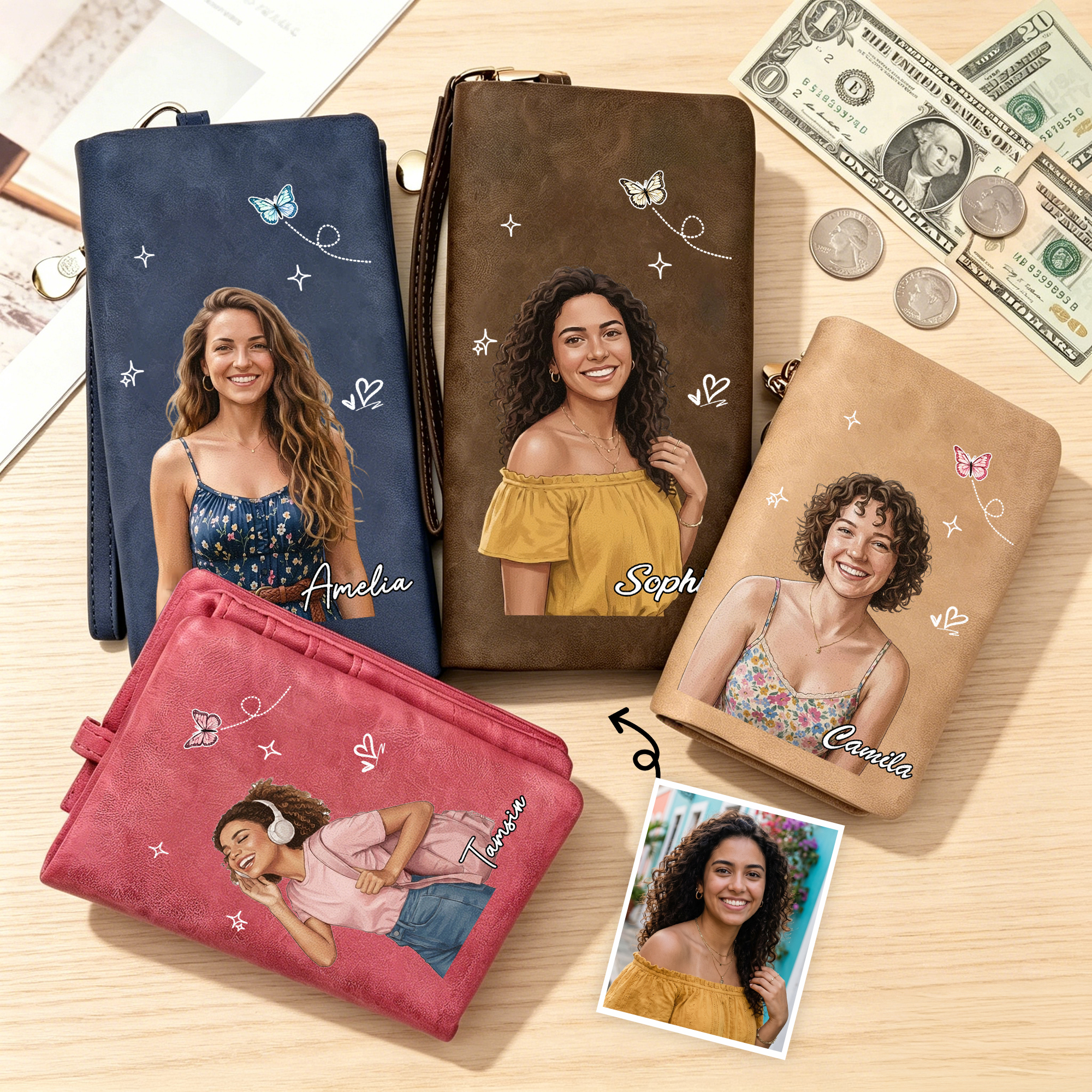 Personalisierte, handgezeichnete Fotobroschüre aus PU-Leder im Dreifach-Format mit Handgelenkband und Namenszug – Alltagsgeschenk zum Geburtstag für beste Freunde, Freunde und Familie