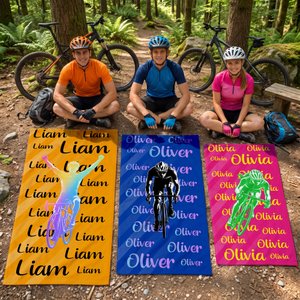 Personalisiertes Radfahrer-Silhouette Handtuch mit Namen | übergroßes & saugfähiges Badetuch | Rennradtour Reise Geburtstag Geschenk für Radsportfans