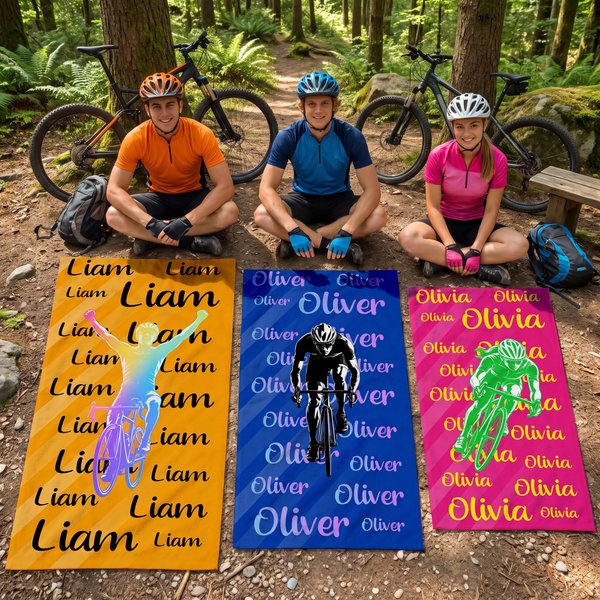 Personalisiertes Radfahrer-Silhouette Handtuch mit Namen | übergroßes & saugfähiges Badetuch | Rennradtour Reise Geburtstag Geschenk für Radsportfans