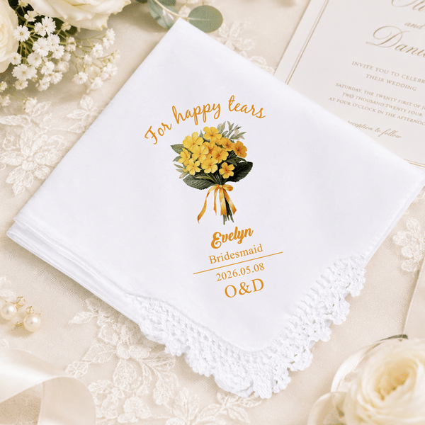 Personalised Wedding Birth Flower Lace Edge Handkerchief with Name Title and Date Bridal Shower Christmas Wedding Gift for Bridesmaids Besties