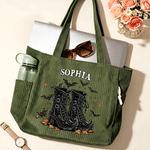 Personalized Witch Boots Bat Halloween Theme Large Capacity Corduroy Tote Bag with Name Daily Use Halloween Gift for Women Friends