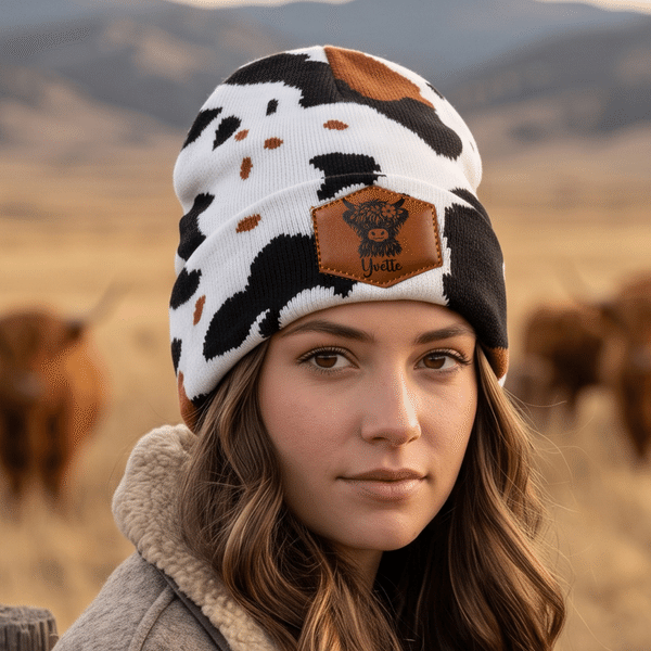 Personalized Highland Cow Pattern Knitted Beanie Hat with Name Winter Accessory Birthday Gift for Highland Cow Lover