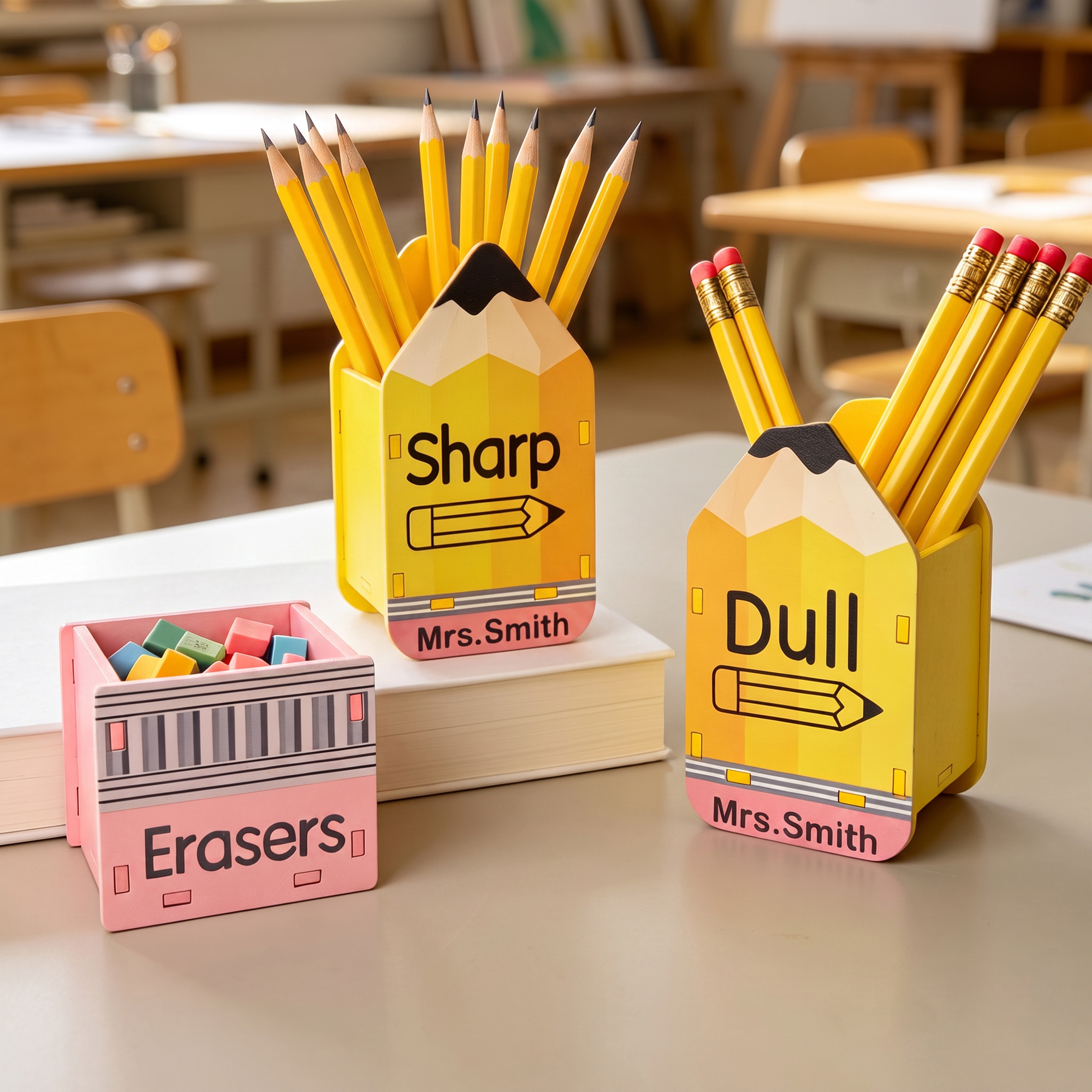 Personalisiertes Set aus 3 Bleistift-förmigen Radiergummi-Stifthaltern mit Schriftzug – Schreibtischdekoration, Geschenk zum Schulanfang für Lehrer und Schüler