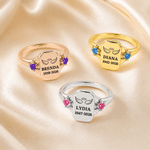 Personalized Angel Wings Birthstones Sterling Silver Ring with Engraved Name and Year Dainty Jewellery Birthday Anniversary Gift for Mom Grandma