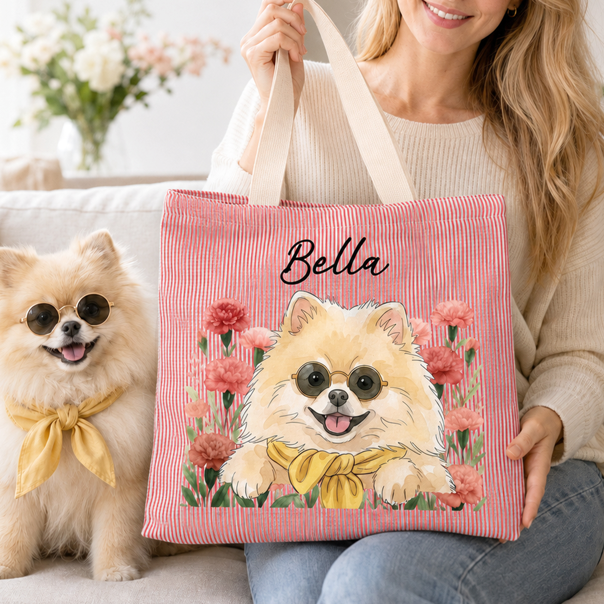Personalisierte Tragetasche mit großem Fassungsvermögen, bedruckt mit Geburtsblume, Haustierfoto und Streifenmuster – mit Namen – für den täglichen Gebrauch, als Geschenk zum Geburtstag oder zum Jahre