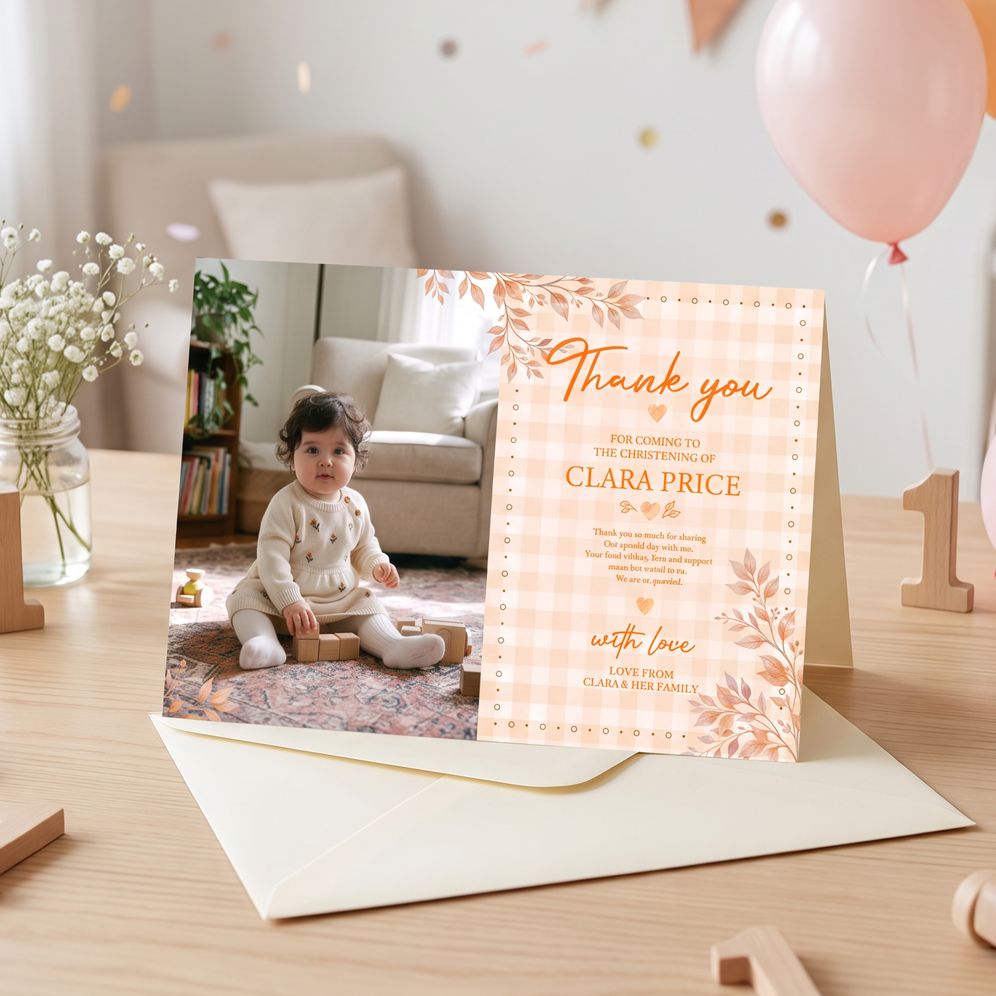 Personalisierte Dankeskarte mit Babyfoto, Text und Umschlag – Geschenk zur Babyparty, zum Geburtstag oder zum Jahrestag für Eltern
