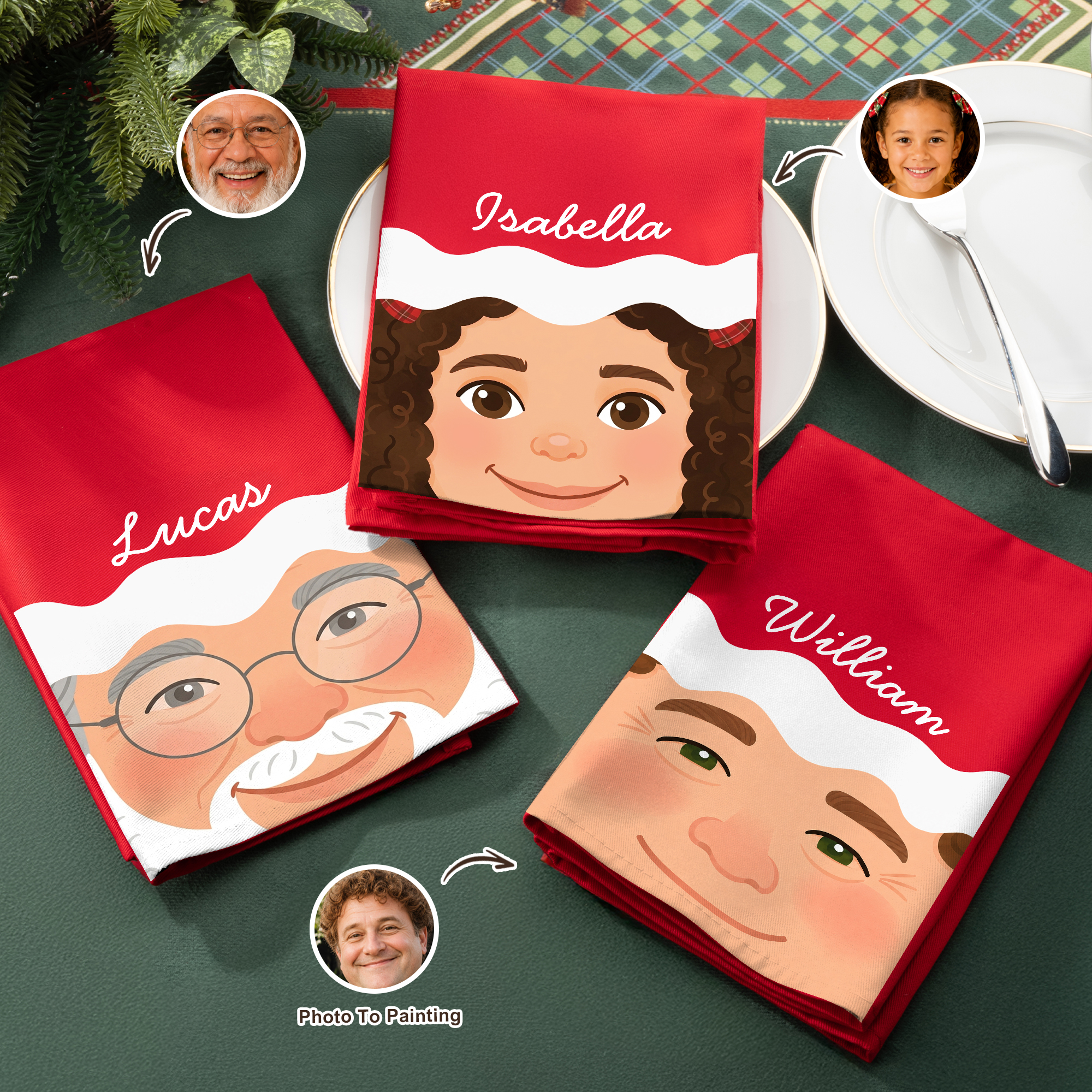 Personalisierte, niedliche Serviette aus 100 % Baumwolle in Rot mit Weihnachtsmannmütze und Cartoon-Gesicht, bedruckt mit Foto und Namen – Tischdekoration, Weihnachtsgeschenk für Familie und Freunde