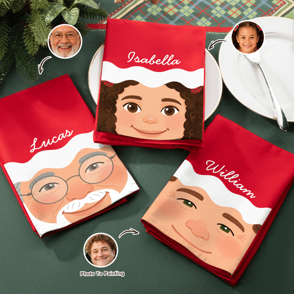Tovagliolo rosso 100% cotone con foto personalizzata: simpatico cappellino da Babbo Natale e volto da cartone animato, con nome, decorazione da tavola, regalo di Natale per la famiglia e gli amici