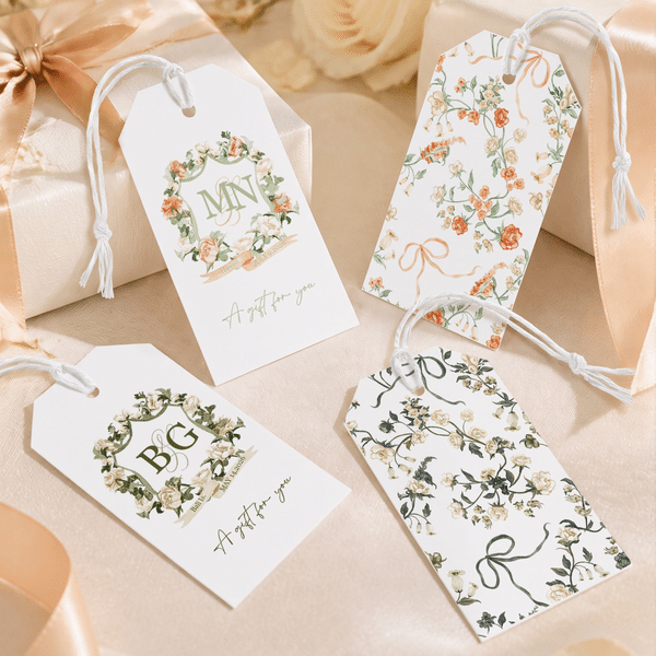 Personalisierte Hochzeitsblumen-Anhänger mit Initialen – Aufkleber, 24er-Set mit Text, Ort und Datum – Dekoration für Hochzeitsfeier und Brautparty – Geschenk für die zukünftige Braut