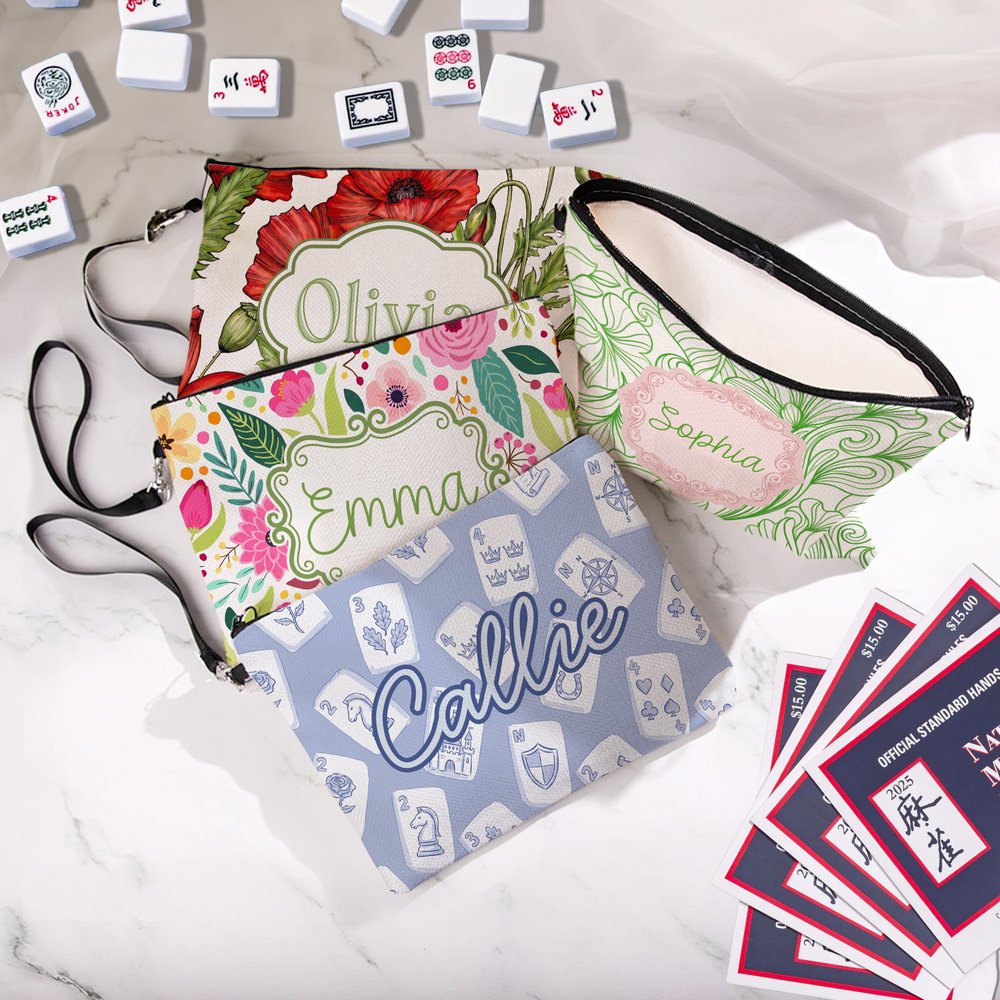 Henkilökohtainen, kannettava, värikäs ja taiteellinen kukka-aiheinen monogrammilla varustettu pellavainen mahjong-laukku, jossa vetoketju ja nimi – lahja mahjong-harrastajille peli-iltoihin tai yökerh 2