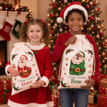 Borsa regalo personalizzata in tela con Babbo Natale e il messaggio “Buon Natale”, con nome e iniziale: regalo della vigilia di Natale per i bambini