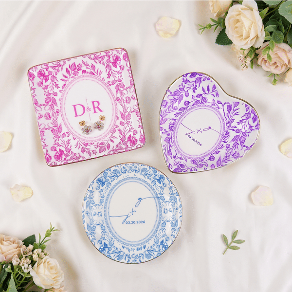 Personalized Exquisite Toile De Jouy Style Jewellery Dish with Initials and Date Anniversary Engagement Wedding Gift for Couple