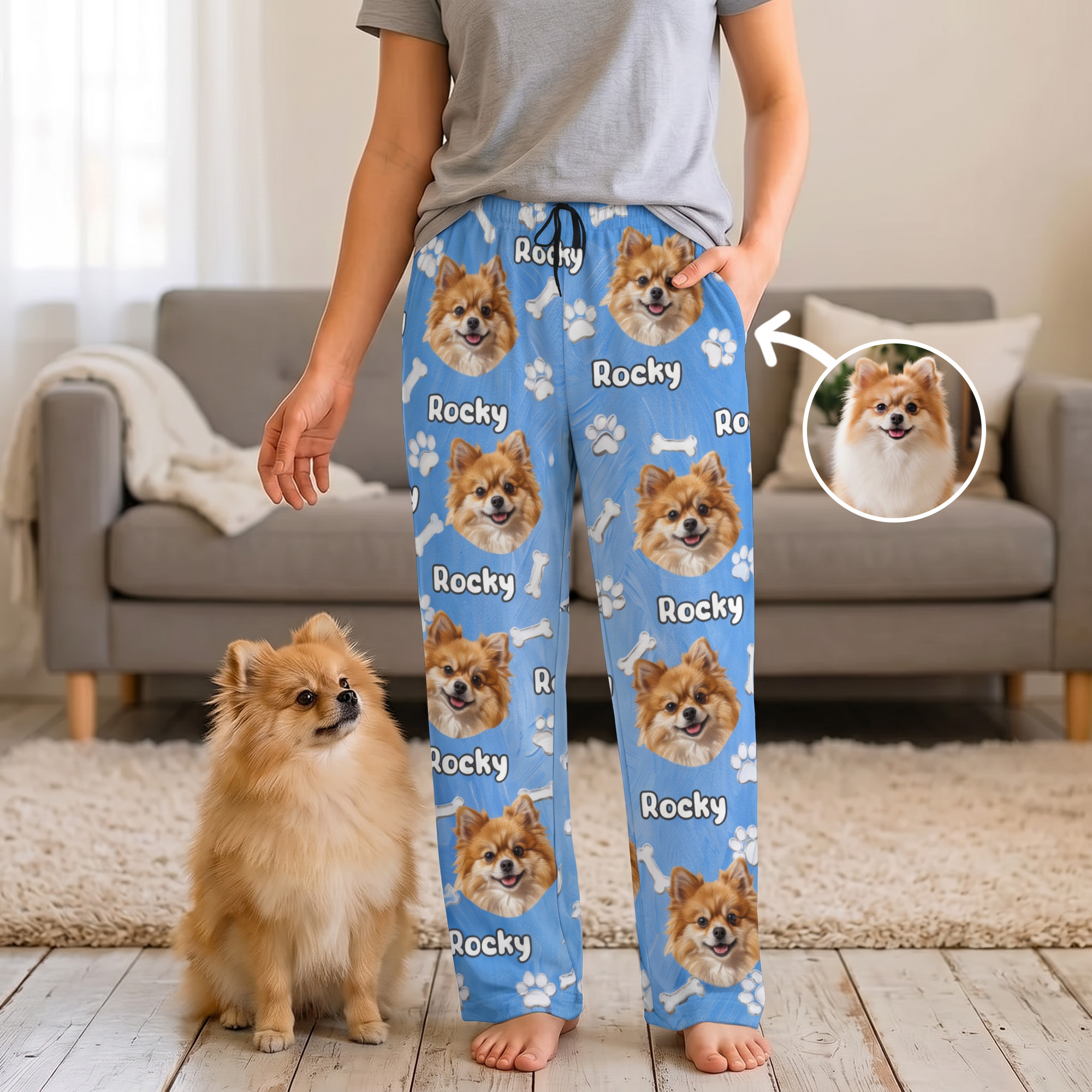 Personalisierte, weiche Pyjamahose mit Foto des Haustieres im Ölgemälde-Stil und personalisierten Pfotenabdrücken – Geburtstagsgeschenk für Hunde- und Katzenliebhaber