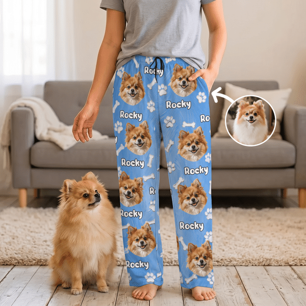 Personalised Bone Paw Print Oil Painting Style Pet Face Photo Soft Pyjama Pants Birthday Gift for Dog Cat Pet Lover
