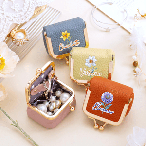 Personalised Retro Oil Painting Gem Birth Flower Portable PU Leather Jewellery Case with Kiss Lock and Name Daily Use Birthday Gift for Women