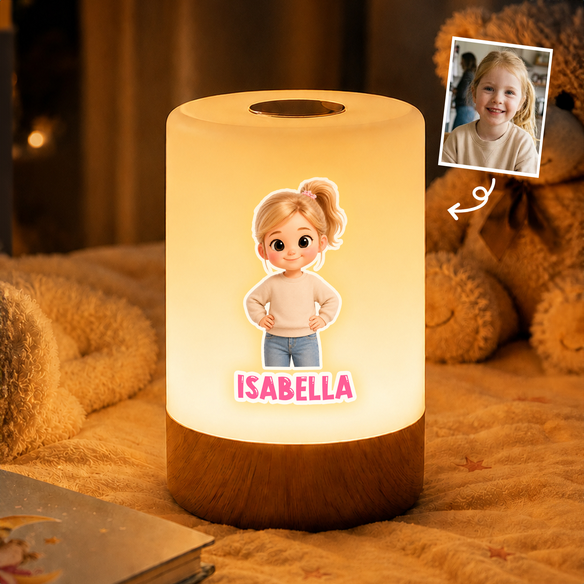 Individuell gestaltete, wiederaufladbare, dimmbare LED-Leuchte im 3D-Cartoon-Stil mit Charakter-Motiv und Foto-Namen – Geschenk für Kinder und Freunde ins Schlafzimmer