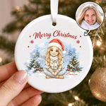Personalised Watercolor Christmas Light-Wrapped Cartoon Character Photo Ceramic Ornament with Name Home Tree Decor Christmas Gift for Family Friends
