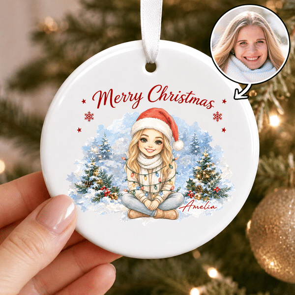 Personalized Watercolor Christmas Light-Wrapped Cartoon Character Photo Ceramic Ornament with Name Home Tree Decor Christmas Gift for Family Friends