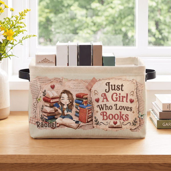 Personalised 3D-Effect Artwork Cartoon Character Storage Basket with Name and Handle Birthday Christmas Gift for Book Lovers Girls