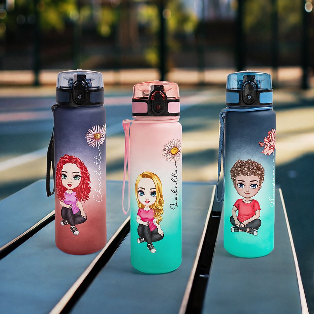 Personalised Cartoon Characters Birth Flower Gradient Sport Water Bottle with Name Birthday Gift for Family 2