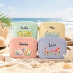 Borsa da trucco personalizzata con fiore del mese di nascita, a strisce multicolori e con nome: accessorio indispensabile da viaggio, per l'uso quotidiano, regalo di compleanno o di Natale per donne e