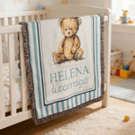 Personalised Cute Woven Teddy Bear Soft Tassel Throw Blanket with Name Nursery Decor Birthday Gift for Kids Family