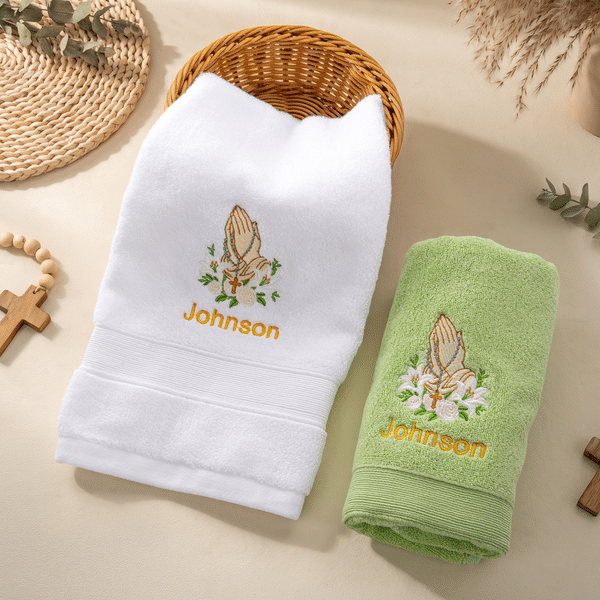 Personalized Praying Hands Rose Cross Embroidered 100% Cotton Hand Towel with Name Birthday Baptism Gift for Pastor