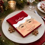 Tovagliolo rosso 100% cotone con foto personalizzata: simpatico cappellino da Babbo Natale e volto da cartone animato, con nome, decorazione da tavola, regalo di Natale per la famiglia e gli amici