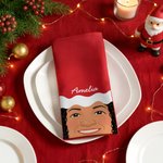 Tovagliolo rosso 100% cotone con foto personalizzata: simpatico cappellino da Babbo Natale e volto da cartone animato, con nome, decorazione da tavola, regalo di Natale per la famiglia e gli amici