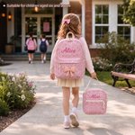 Juego de 3 piezas: mochila escolar, bolsa para el almuerzo y bolsa de almacenamiento con diseño de cuadrícula y lazo personalizado, con nombre bordado. Regalo de vuelta al cole y de cumpleaños para ni