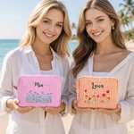Borsa da trucco personalizzata con fiore del mese di nascita, a strisce multicolori e con nome: accessorio indispensabile da viaggio, per l'uso quotidiano, regalo di compleanno o di Natale per donne e