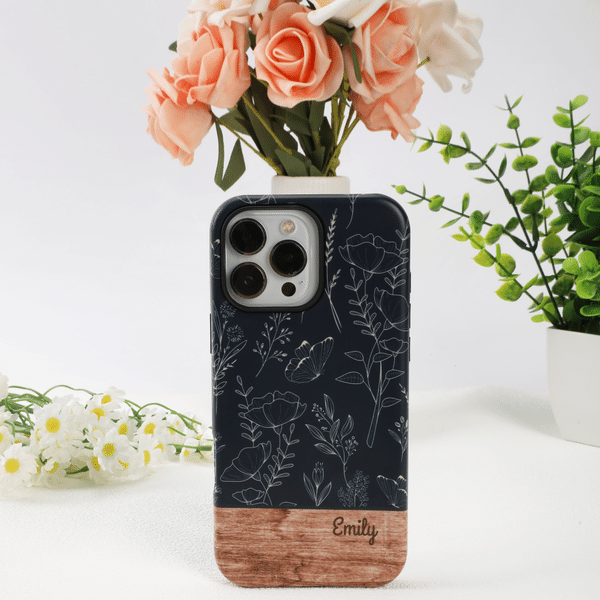 Personalised Floral Wood Grain Design Phone Case for iPhone and Samsung with Name Daily Use Birthday Gift for Best Friend