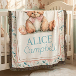 Personalised Cute Woven Teddy Bear Soft Tassel Throw Blanket with Name Nursery Decor Birthday Gift for Kids Family