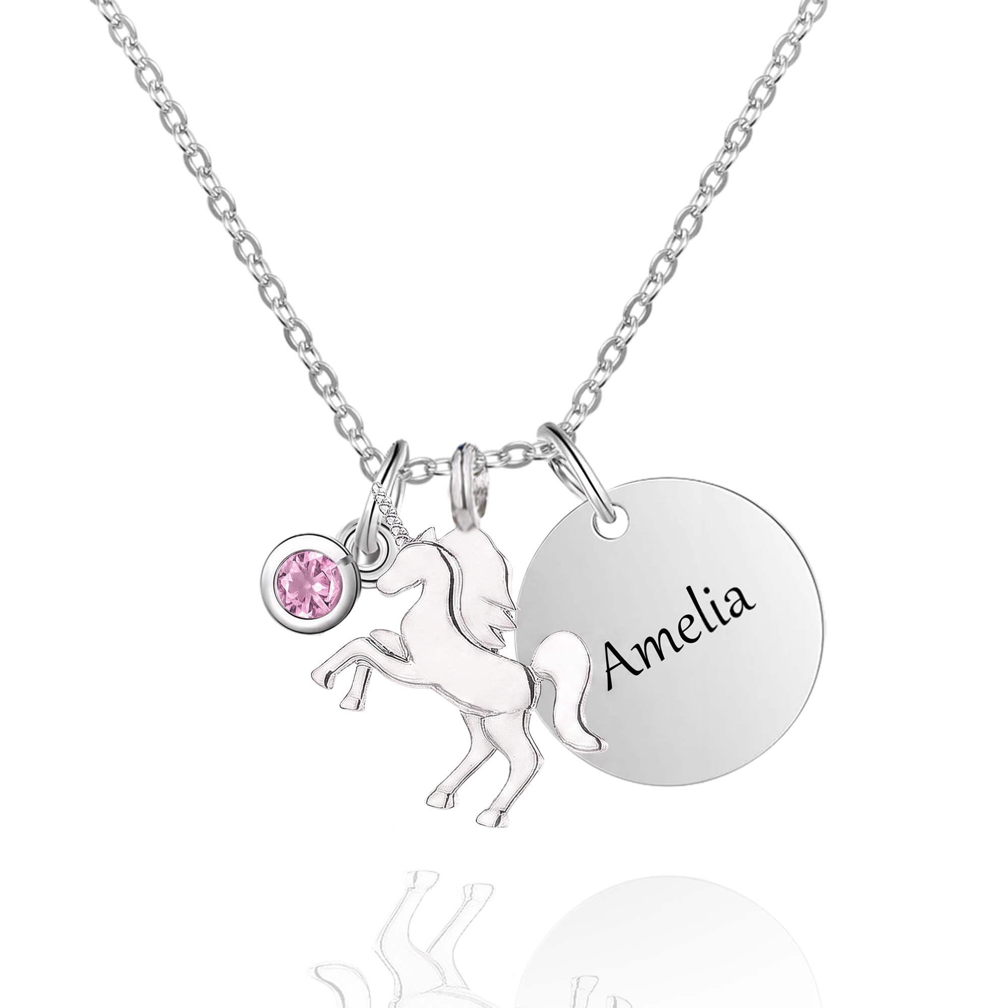 Personalisierte Fantasy Einhorn Halskette mit Birthstone Charme und eingravierten Namen Disc Geburtstagsgeschenk für Frauen Mädchen