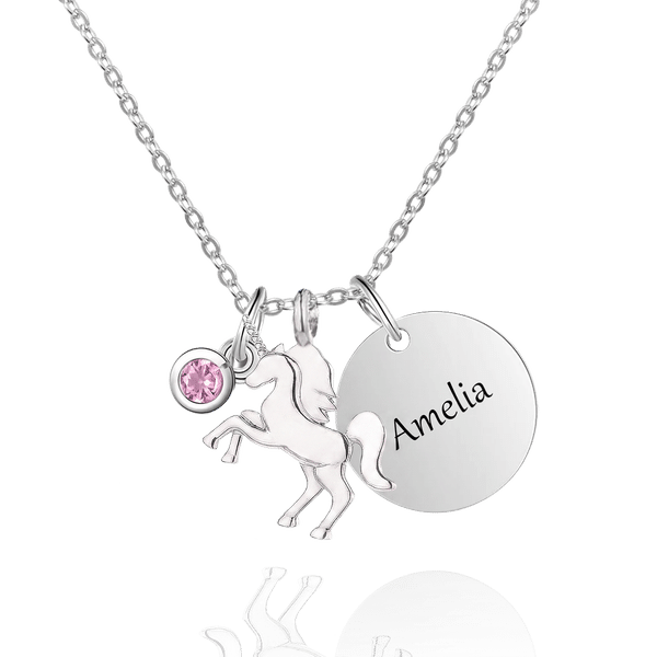 Collana personalizzata di unicorno fantasy con ciondolo di pietra di nascita e nome inciso su disco Regalo di compleanno per donne e ragazze