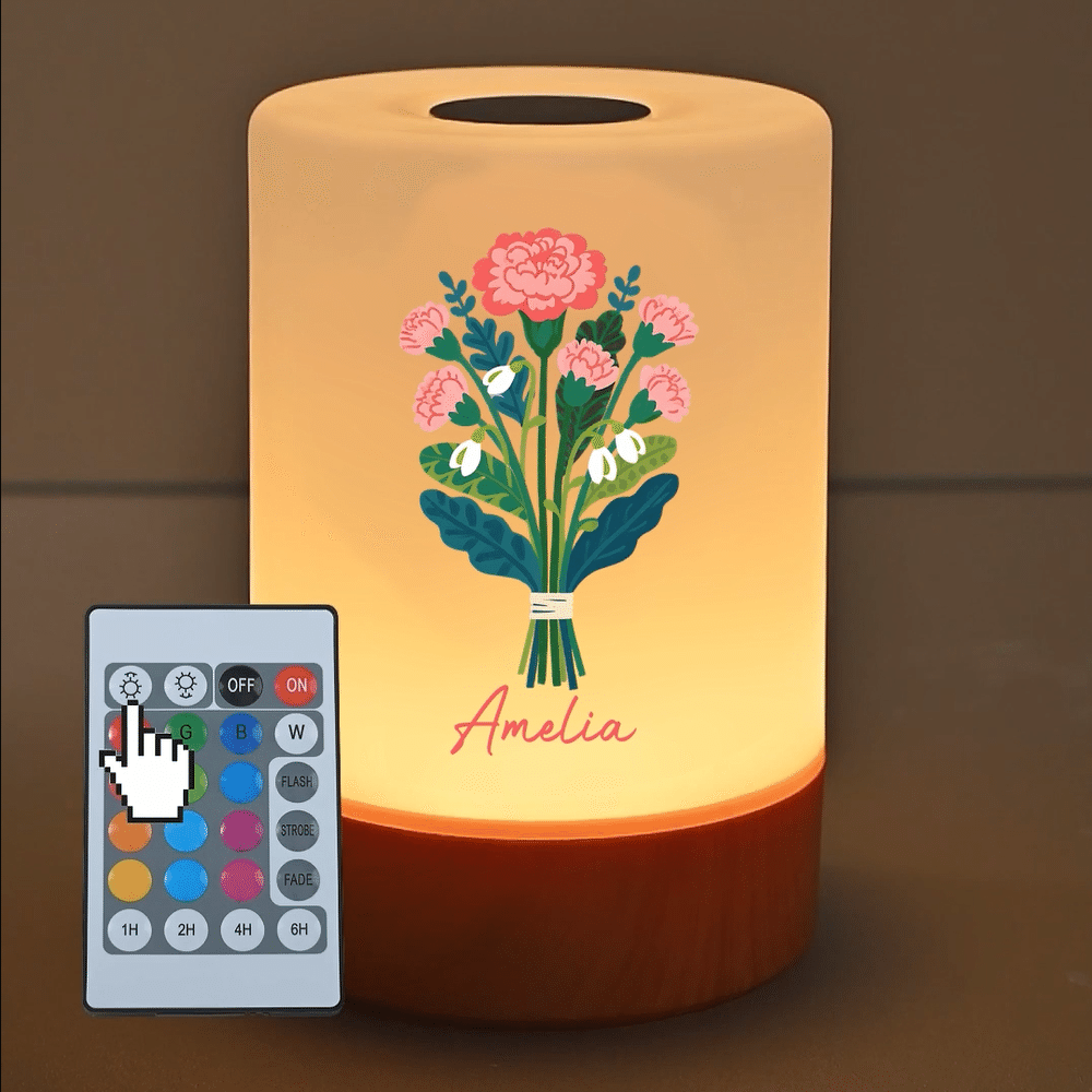 Personalized Illustration Birth Flower Dimmable Color-Changing Touch Control Night Light with Name and Remote Bedroom Decor Birthday Gift for Women 3
