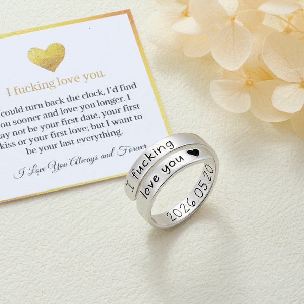 Personalized I Fucking Love You Sterling Silver Open Ring with Engraved Text and Card Dainty Jewelry Birthday Anniversary Gift for Couple