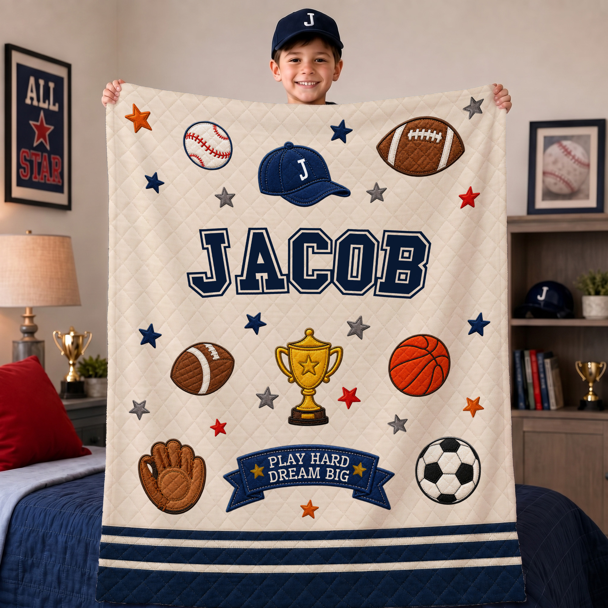 Callie Personalisierte, weiche Decke zum Thema „Play Hard, Dream Big“ unisex