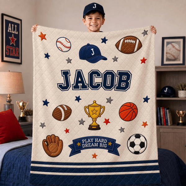 Personalised Play Hard Dream Big Sport Theme Soft Throw Blanket with Name Home Decor Game Day Team Gift for Sports Lover