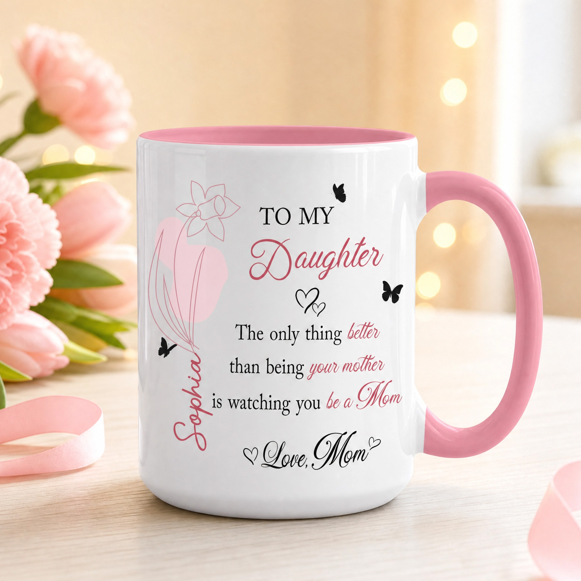 Personalisierte, mehrfarbige Keramiktasse mit „Pink Line“-Motiv und Geburtsblume, 11 oz und 15 oz, mit Namen – für den täglichen Gebrauch, als Geschenk zum Geburtstag oder zum Jahrestag für die Tochte