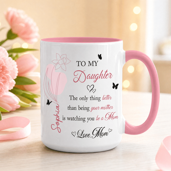 Personalized Multicolour Pink Line Birth Flower Multicolour 11 oz 15 oz Ceramic Mug with Name Daily Use Birthday Anniversary Gift for Daughter New Mom