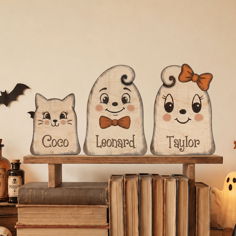 Personalised Cute Ghost Design Wooden Block Ornament with Name Vintage Halloween Indoor Decor Housewarming Gift for Family Friends 2