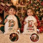 Gepersonaliseerde 3D-stijl kunstwerk cartoon kinderfoto cadeauzak met trekkoord en grote inhoud, met naam, kerstfeestcadeau voor kinderen en vrienden