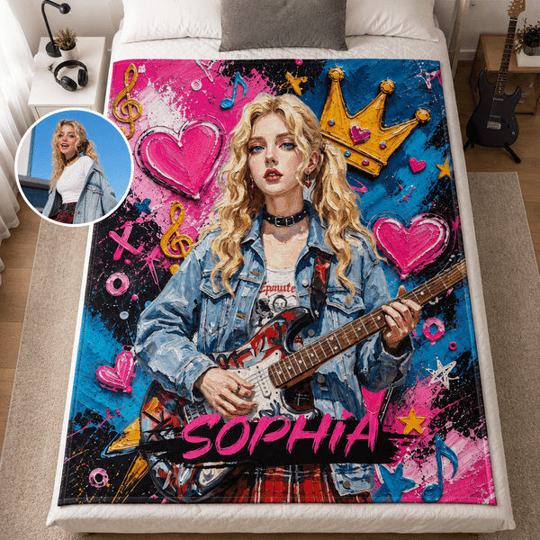 Personalized Oil Painting Guitar Player Portrait Soft Throw Blanket with Name and Photo Home Decor Birthday Gift for Guitar Players Music Lovers