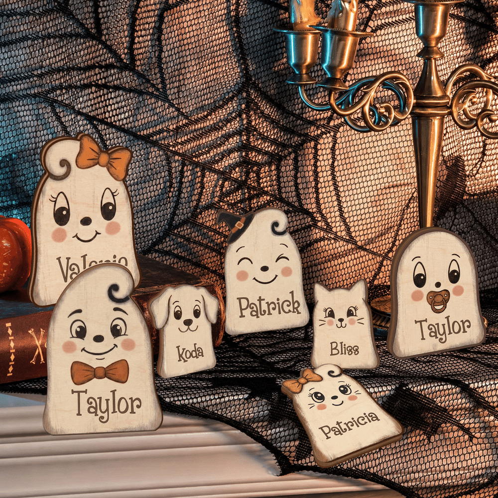 Personalised Cute Ghost Design Wooden Block Ornament with Name Vintage Halloween Indoor Decor Housewarming Gift for Family Friends 8