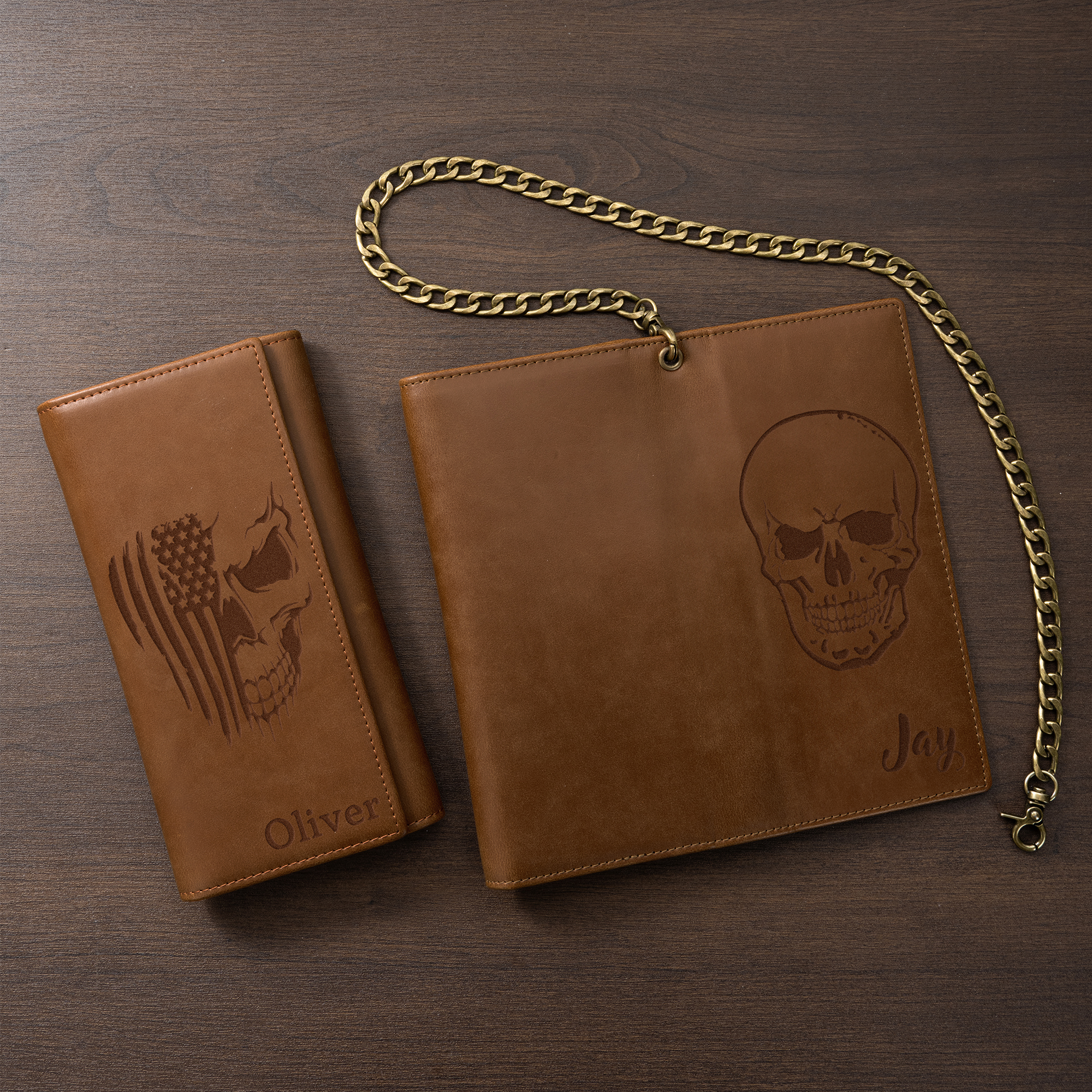 Personalisierte Herren-Biker-Geldbörse aus PU-Leder im Retro-Stil mit Totenkopf-Adler-Kreuz-Motiv und Kette – Namens- und Geburtstagsgeschenk für Freund, Vater oder Opa