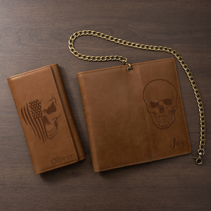 Gepersonaliseerde retro-portemonnee van PU-leer voor heren met schedel- en adelaar-kruispatroon en ketting, met naam – verjaardagscadeau voor vriend, vader of opa