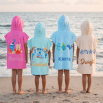 Personalised Cute Seahorse Starfish Jellyfish Sailboat Quick-Dry Soft Hooded Beach Towel with Name Beach Pool Party Birthday Gift for Kids